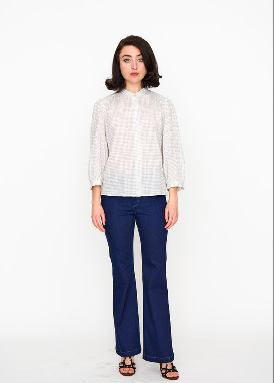 Woman wearing the Maria Cecilia Mini Check Studio Top, front view