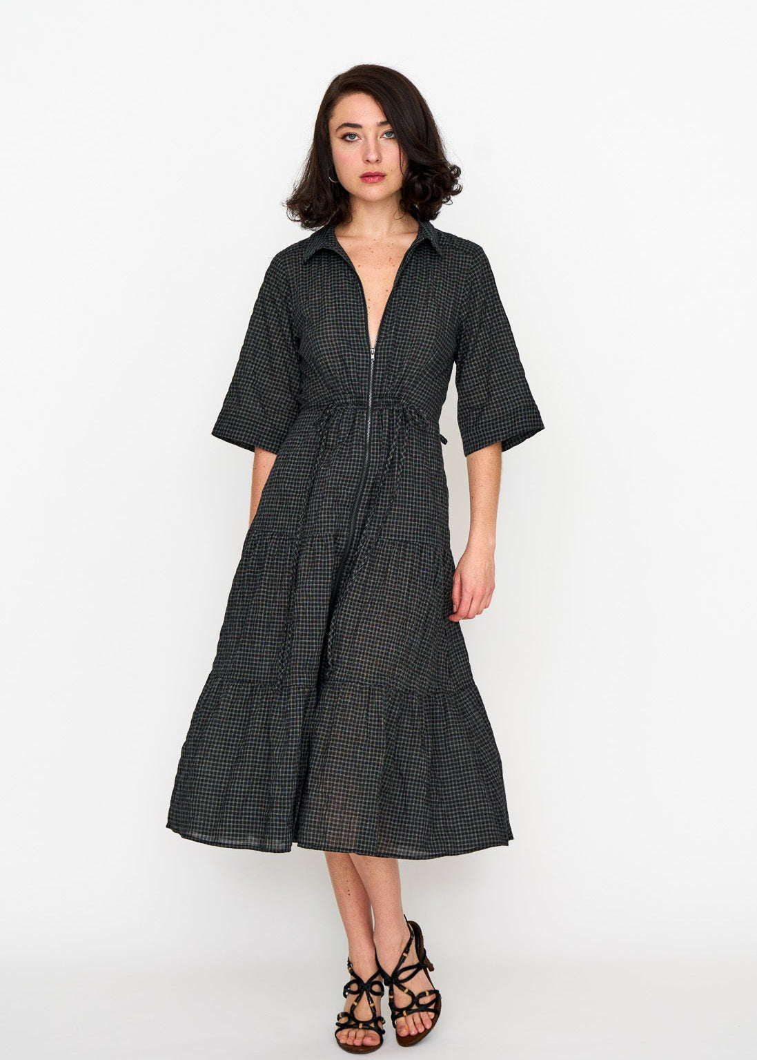 Black Mini Check Dame Dress shown on model, close-up detail