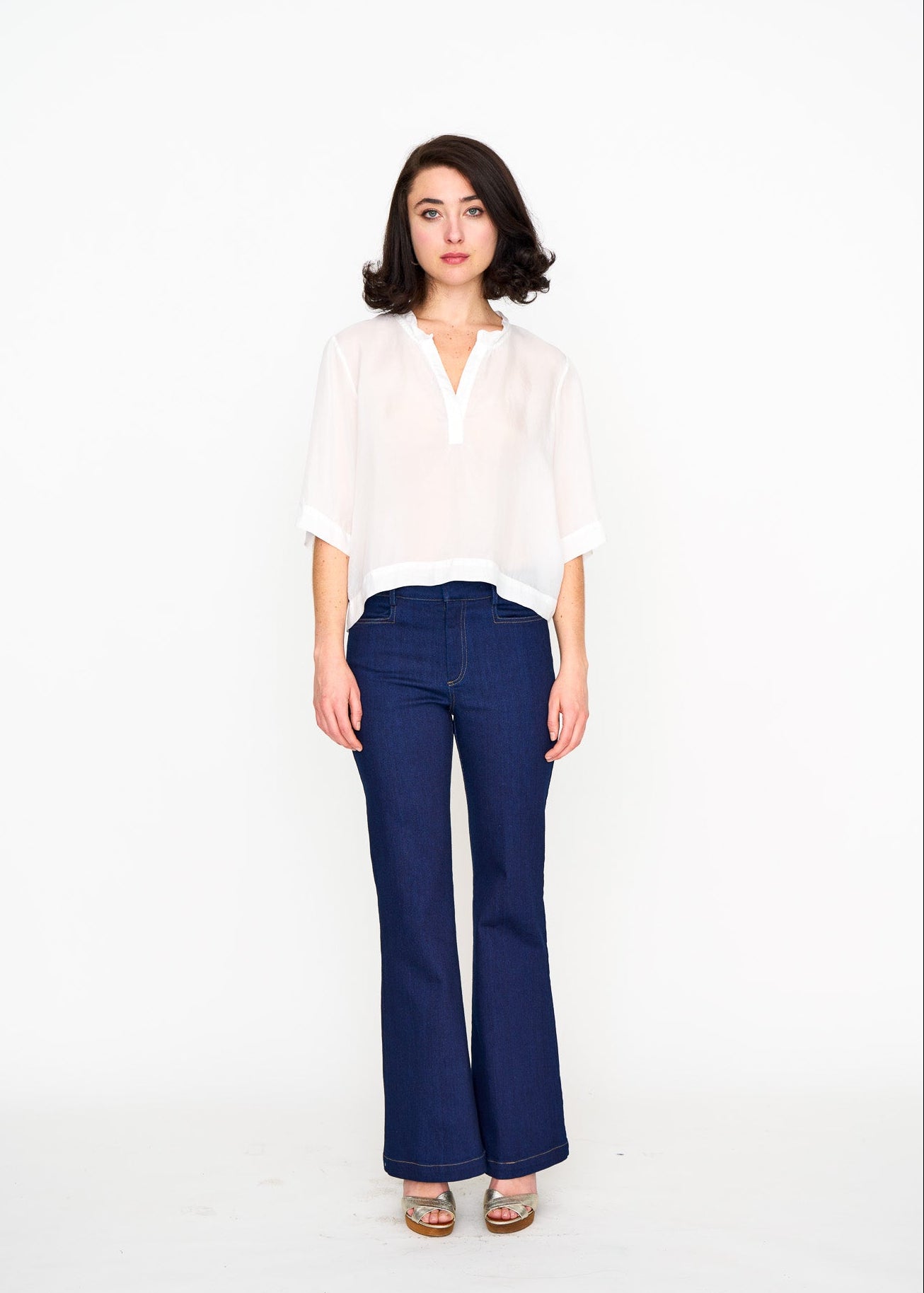 White Silk Tee shown on model, additional view