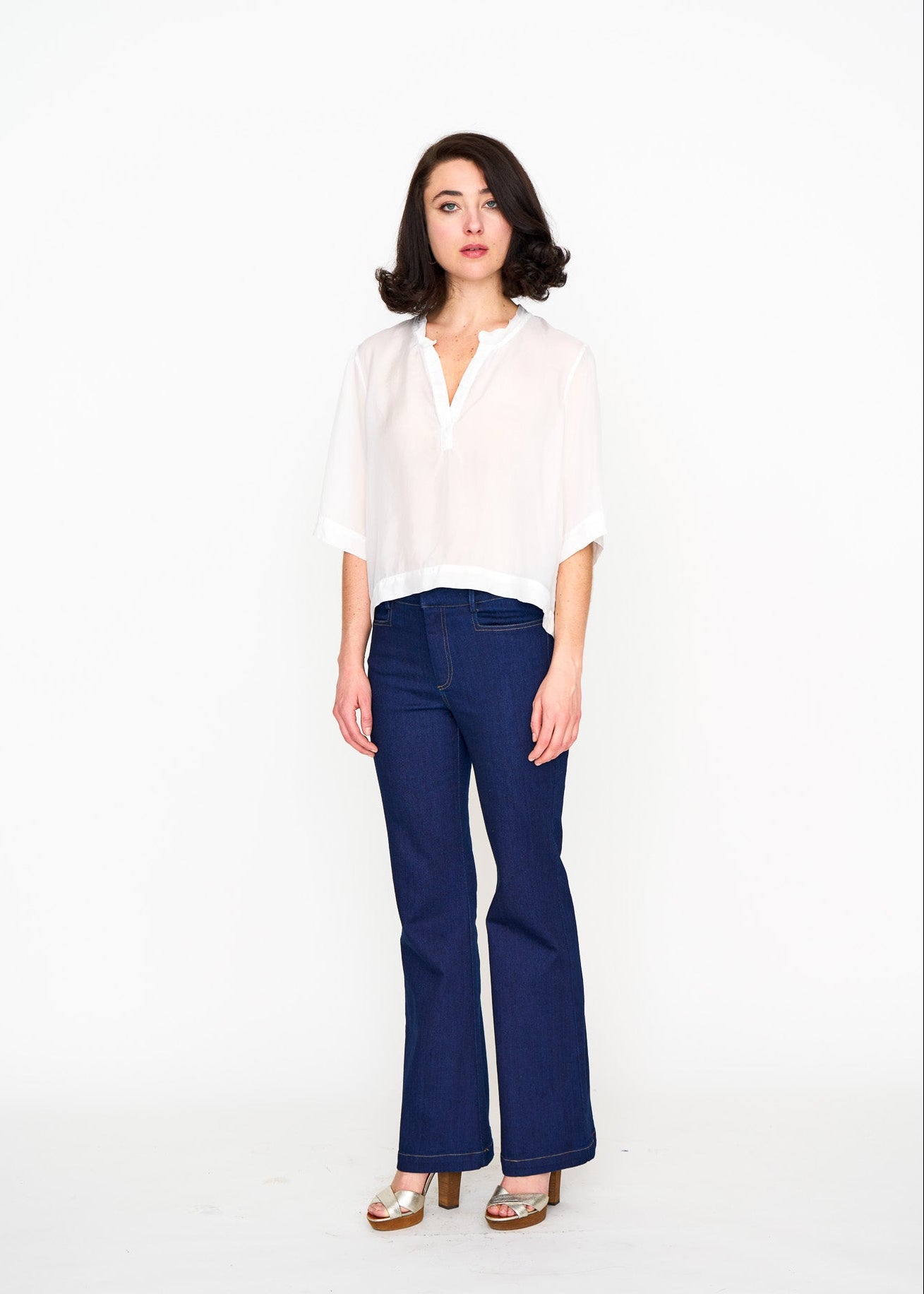 White Silk Tee shown on model, additional view