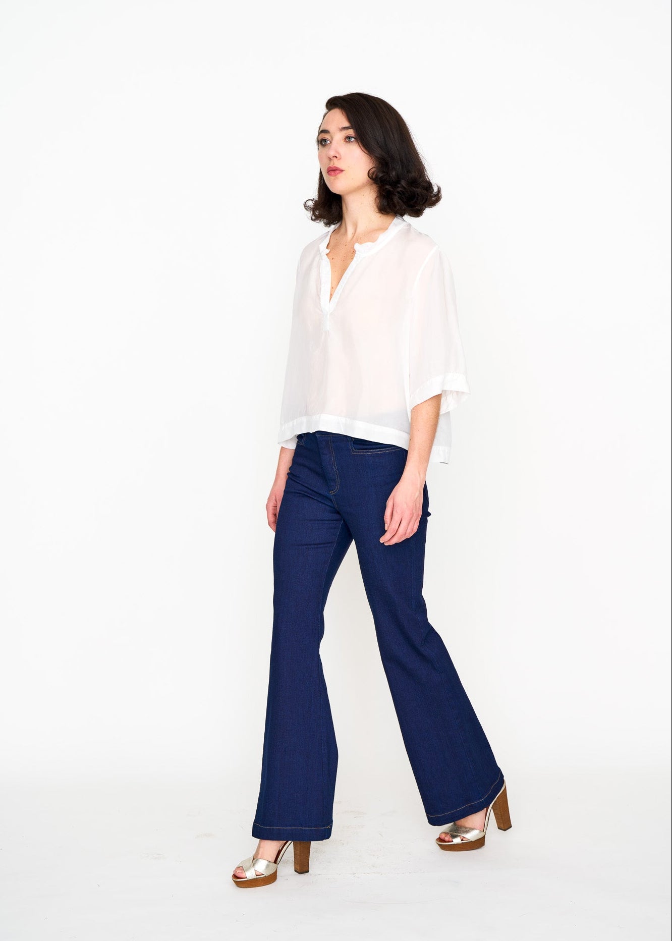 White Silk Tee shown on model, additional view