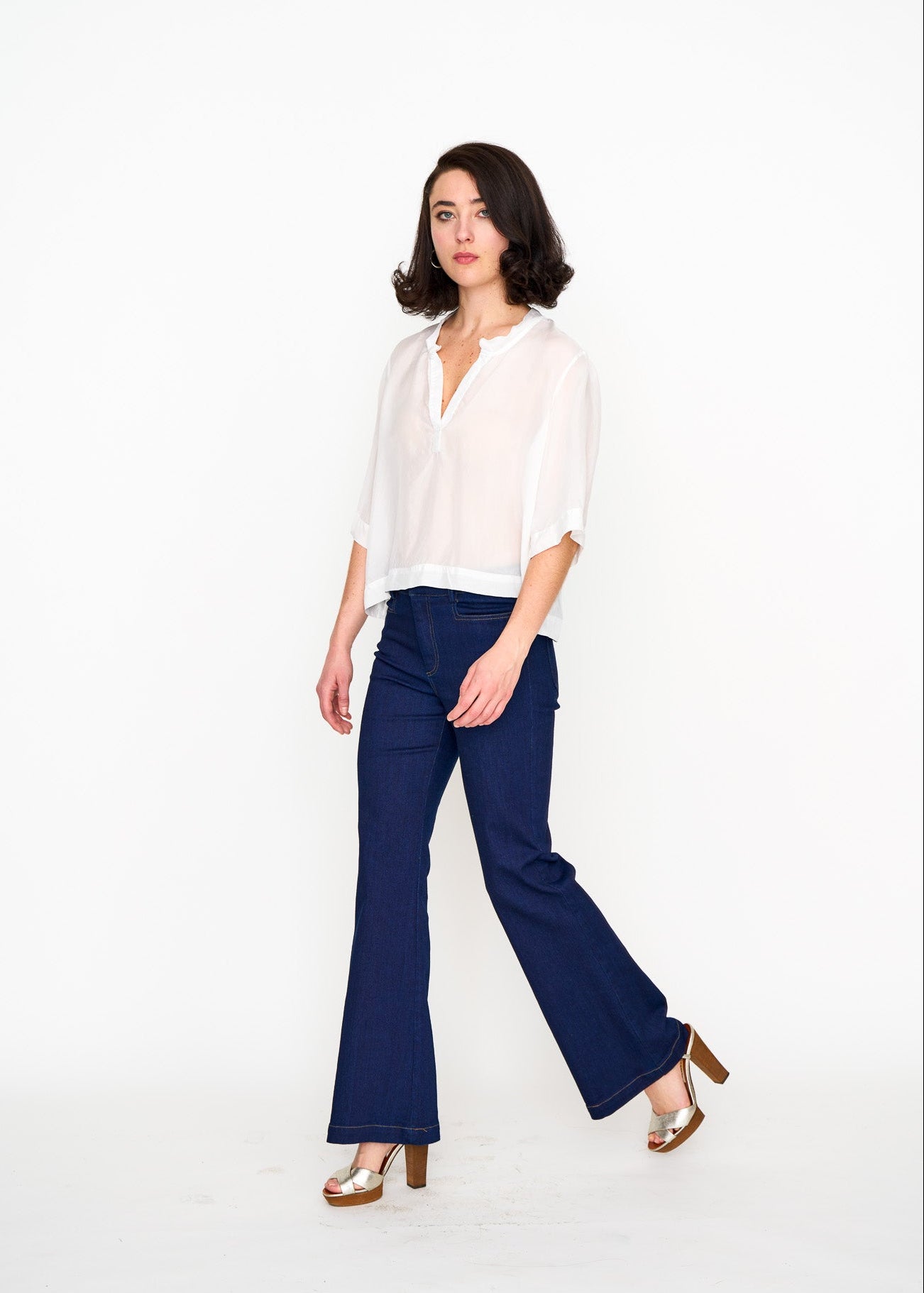 White Silk Tee shown on model, additional view