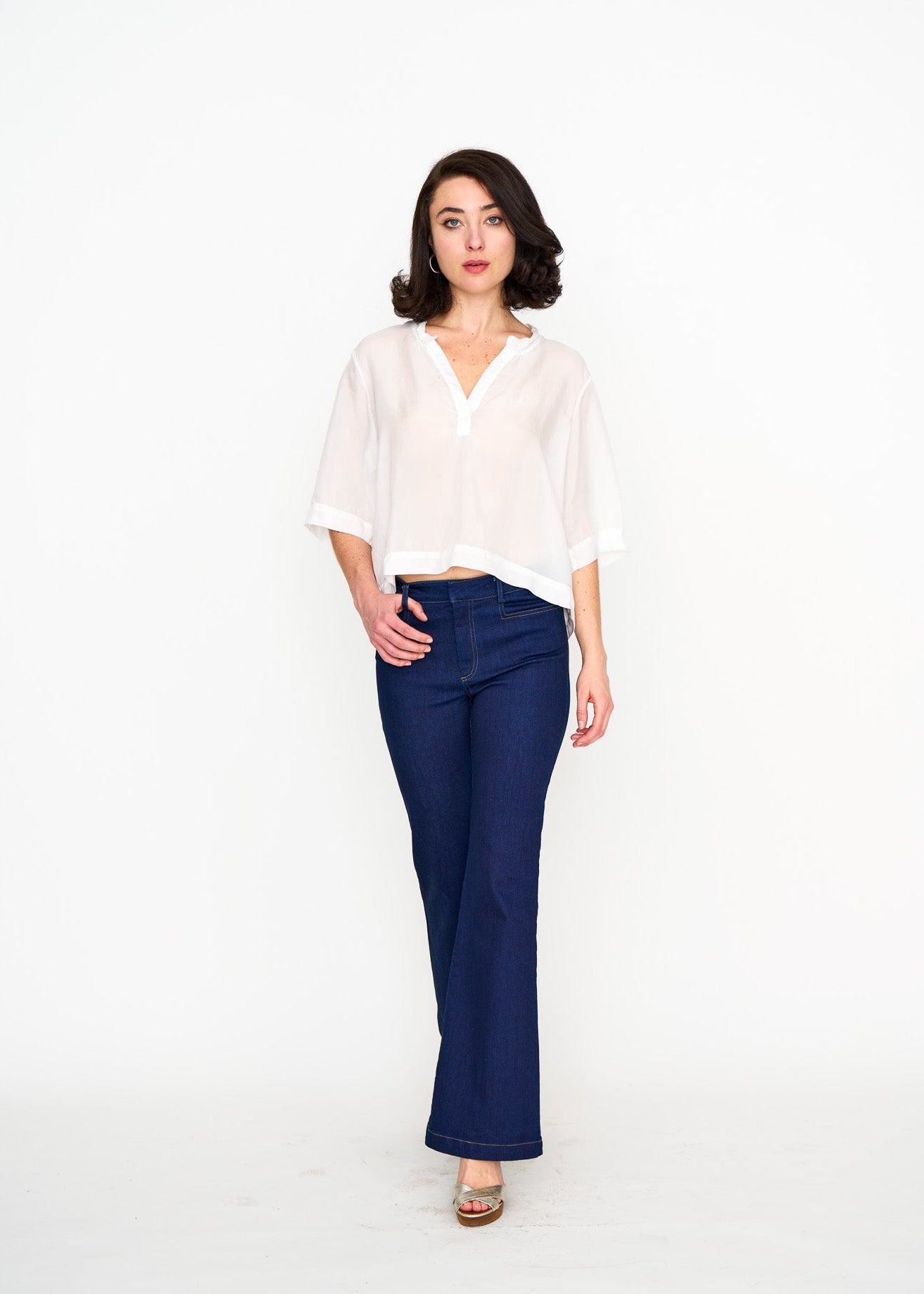 White Silk Tee shown on model, additional view
