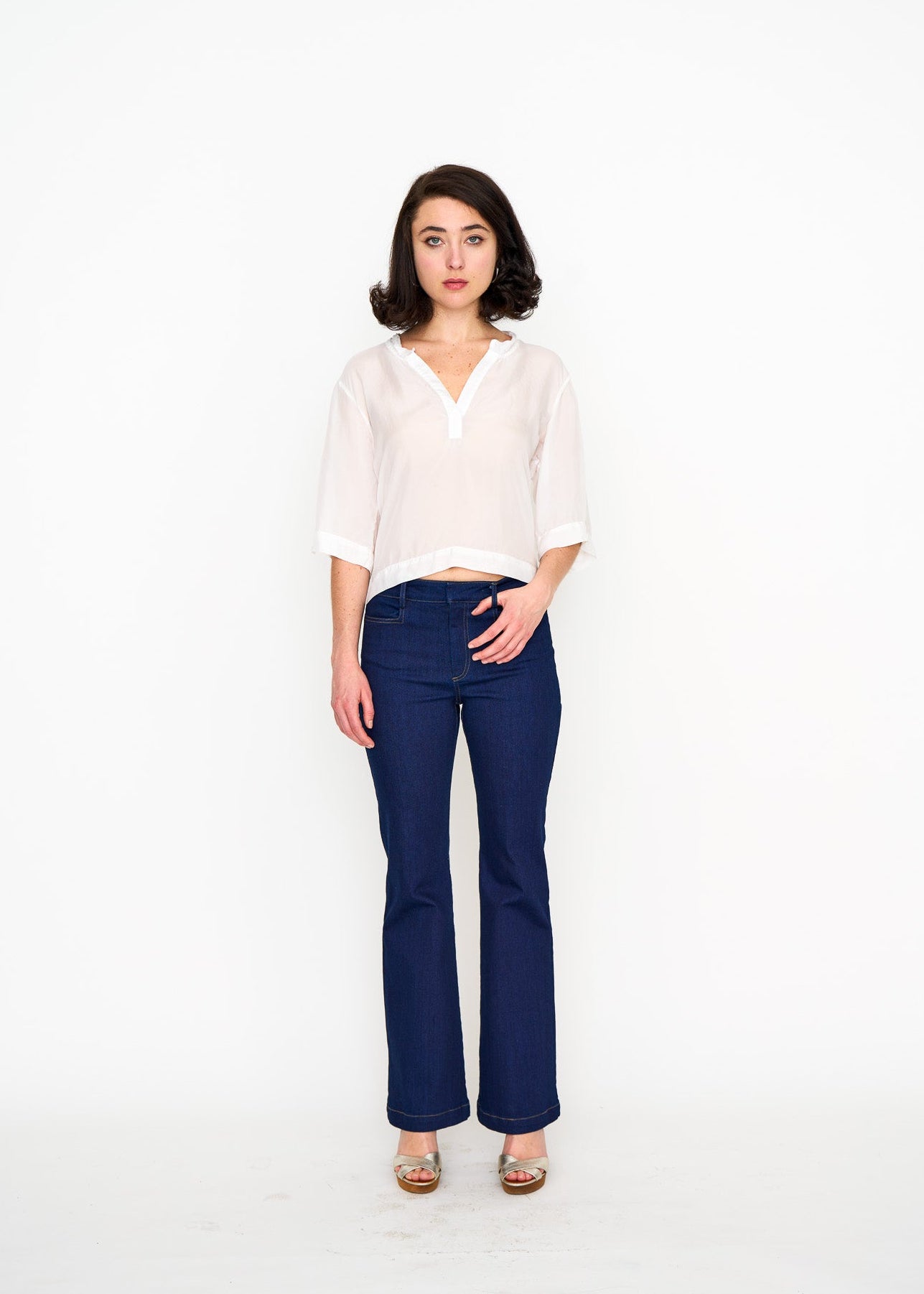 White Silk Tee shown on model, additional view