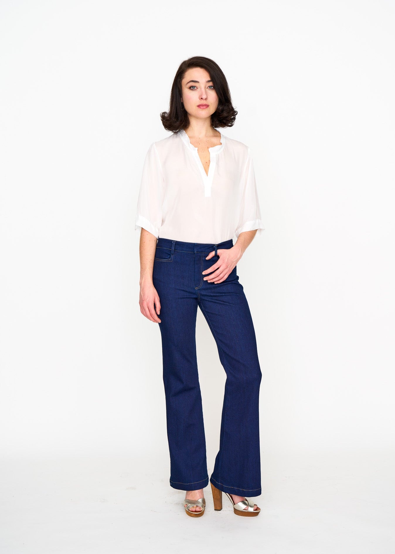White Silk Tee shown on model, alternate view