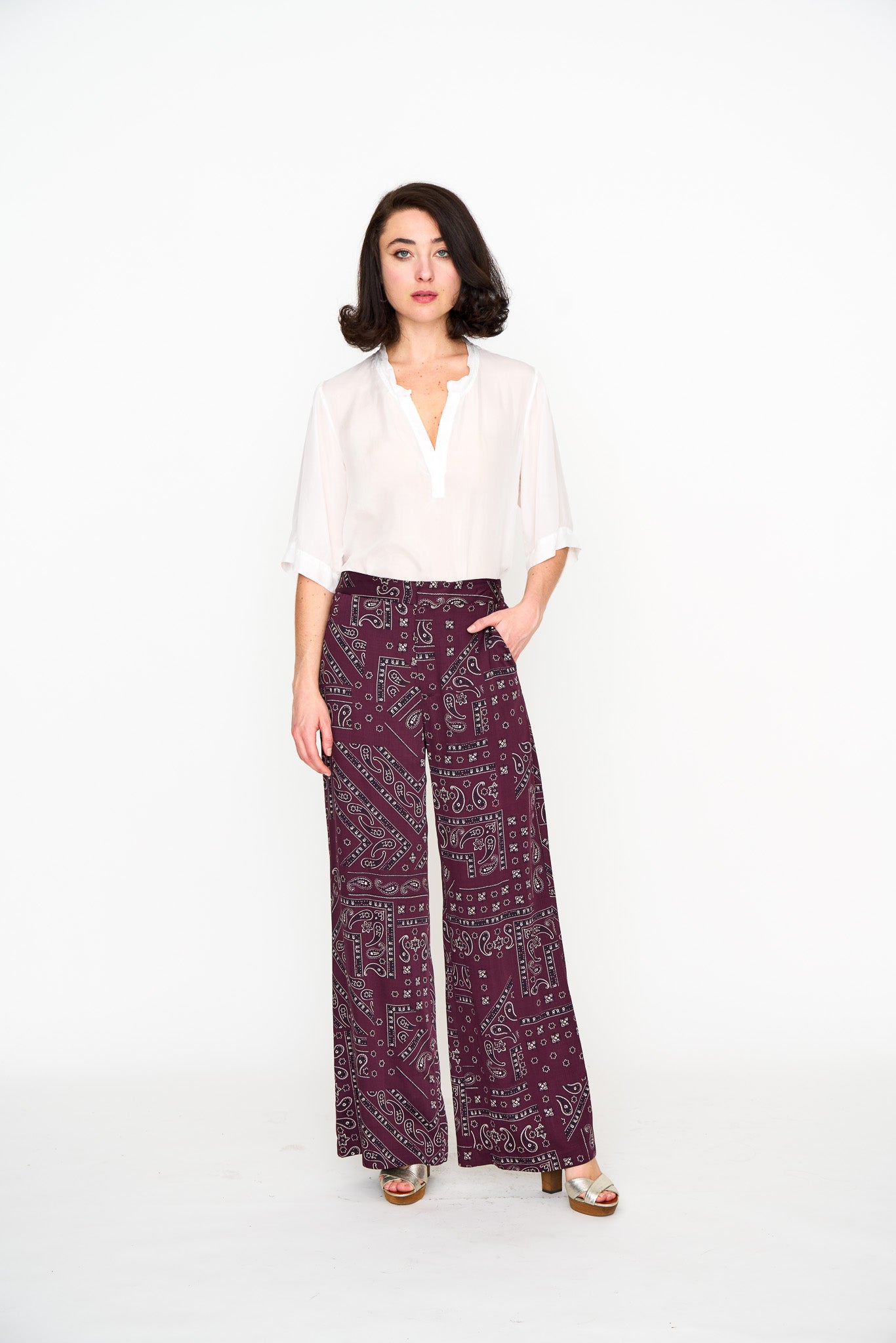 Woman wearing the Maria Cecilia Oxblood Bandana Lounge Pant, front view