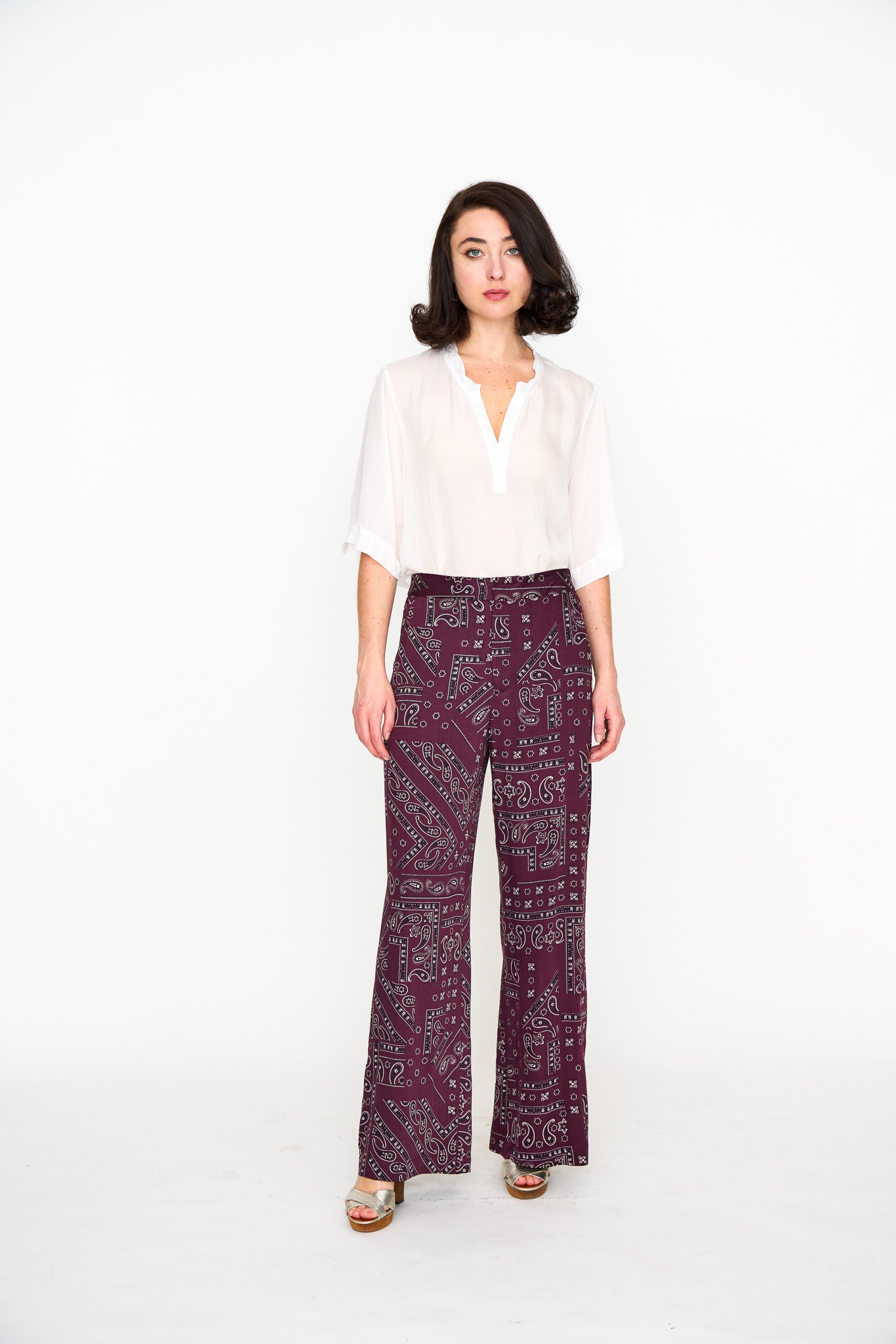 Oxblood Bandana Lounge Pant shown on model, side view