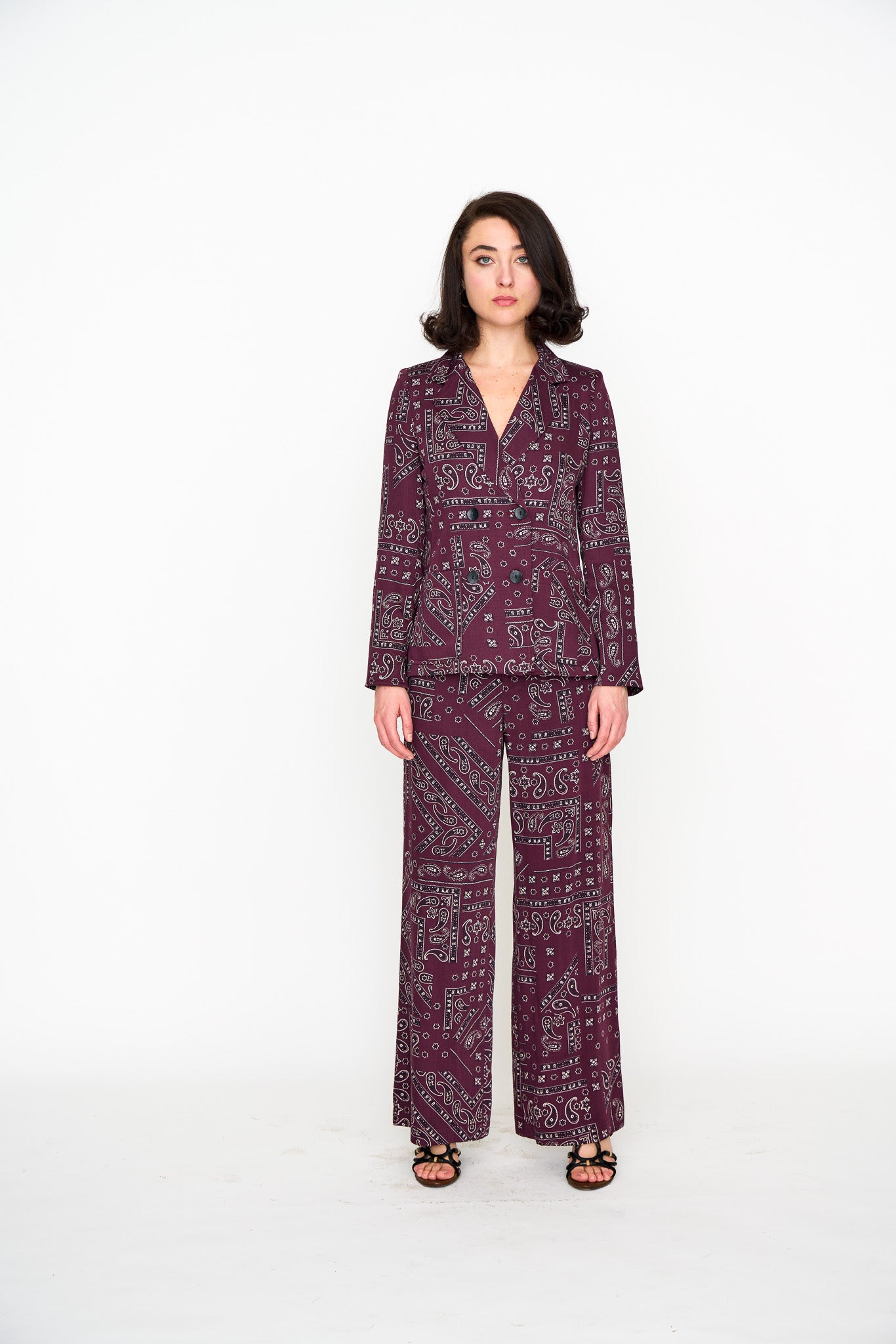 Oxblood Bandana Lounge Pant shown on model, close-up detail