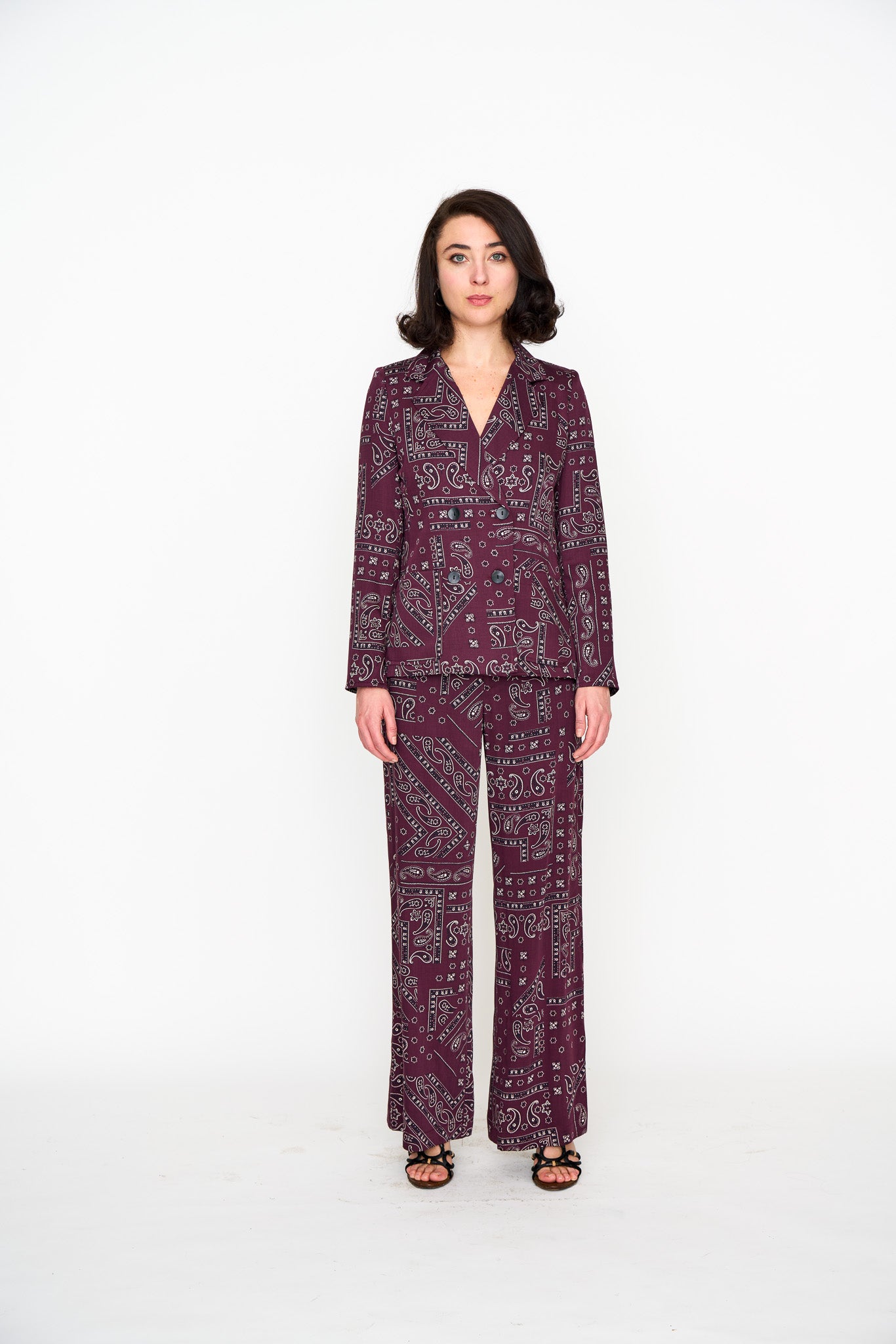 Oxblood Bandana Lounge Jacket shown on model, side view