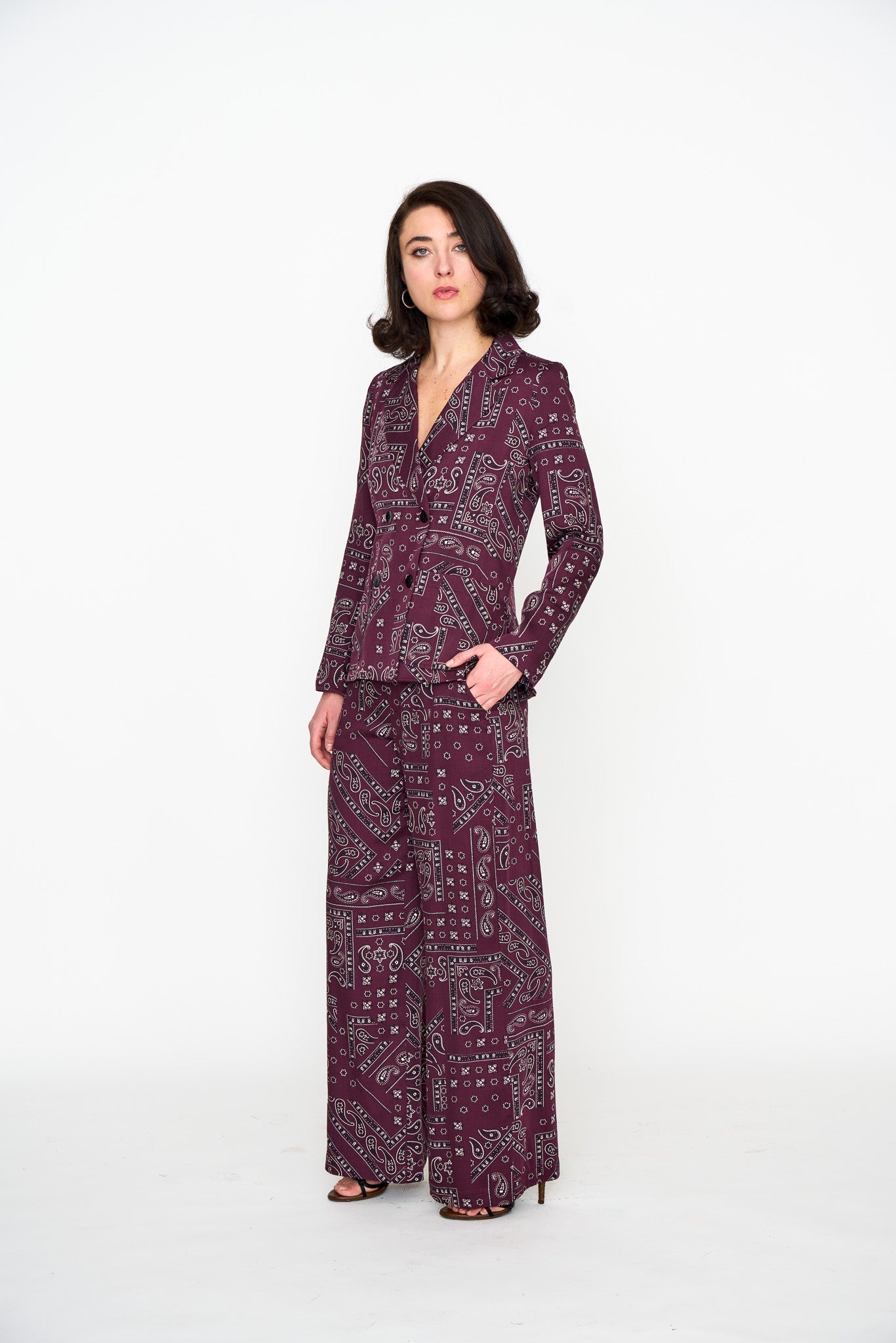 Oxblood Bandana Lounge Jacket shown on model, styling view