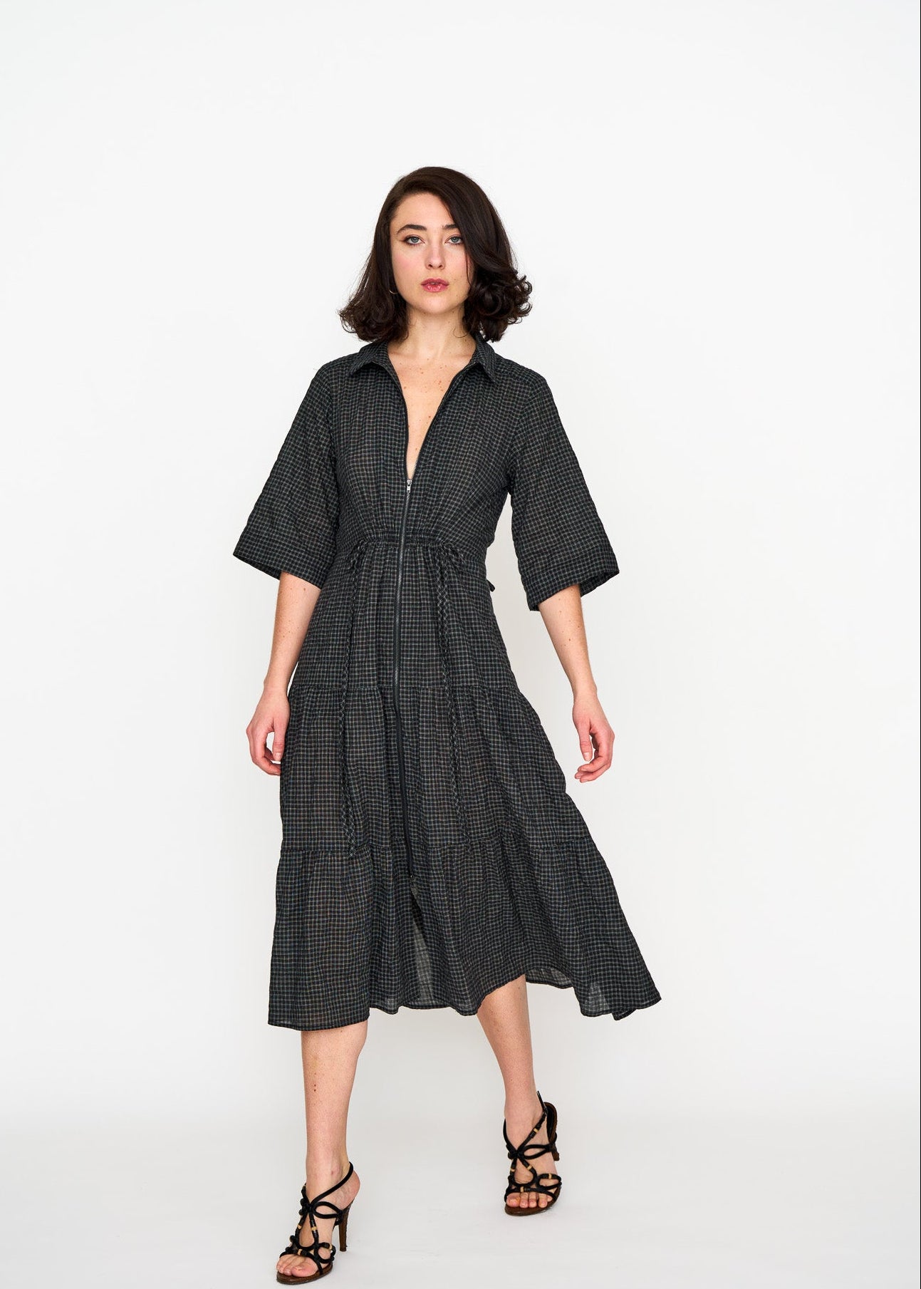Black Mini Check Dame Dress shown on model, additional view