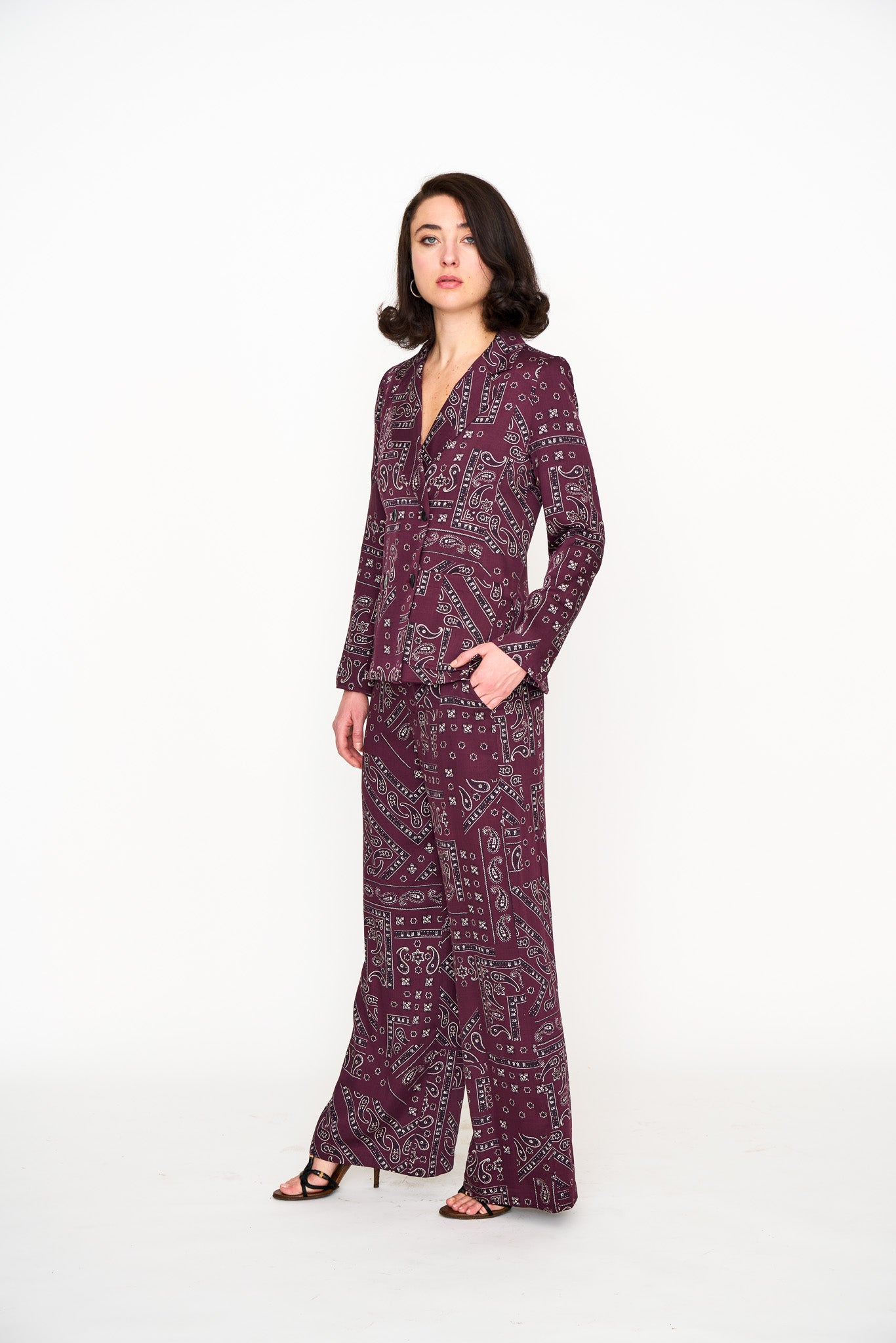 Oxblood Bandana Lounge Jacket shown on model, additional view