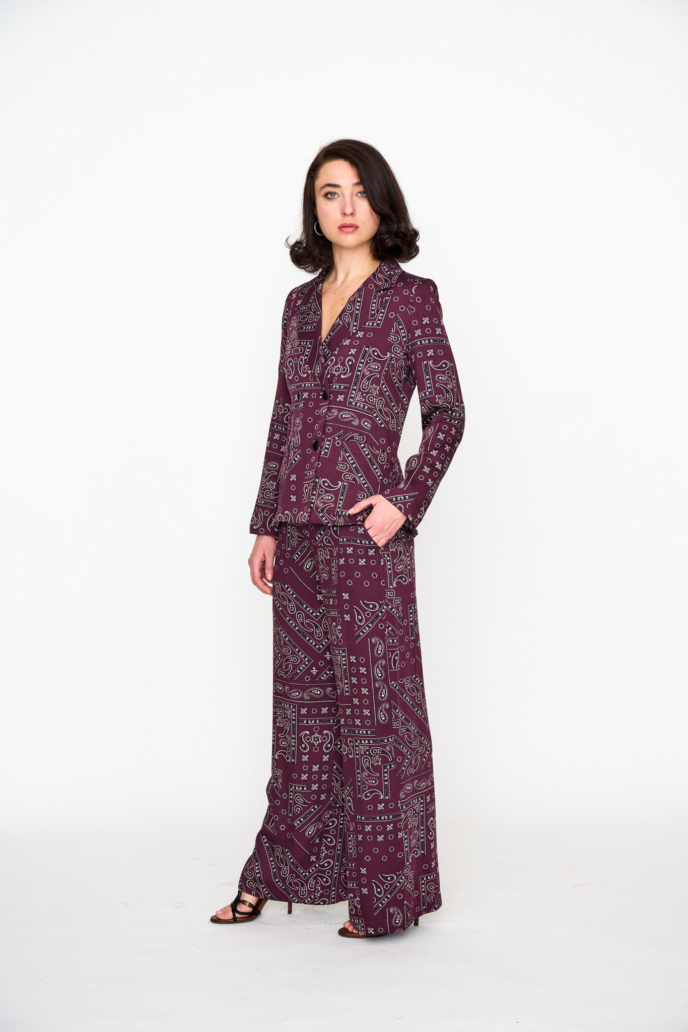 Oxblood Bandana Lounge Jacket shown on model, additional view