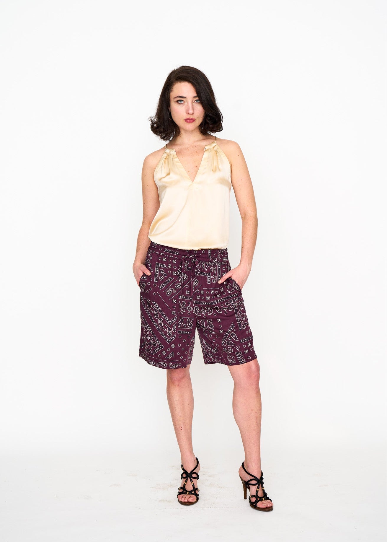 Ecru Satin Halter Top shown on model, alternate view