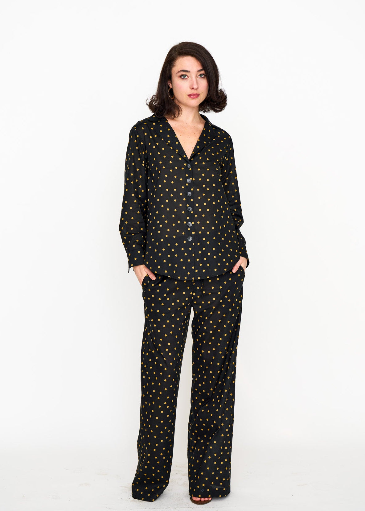 Woman wearing the Maria Cecilia Black & Camel Smoking Shirt, front view
