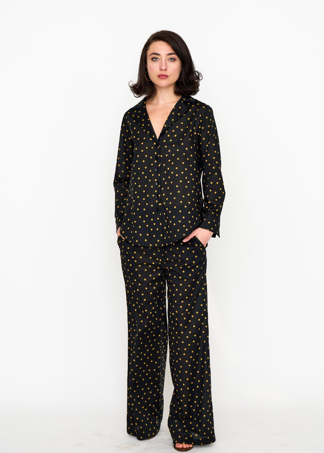 Black & Camel Smoking Shirt shown on model, detail view