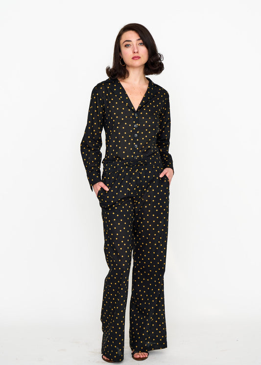 Woman wearing the Maria Cecilia Black & Camel Pyjama Pants, front view