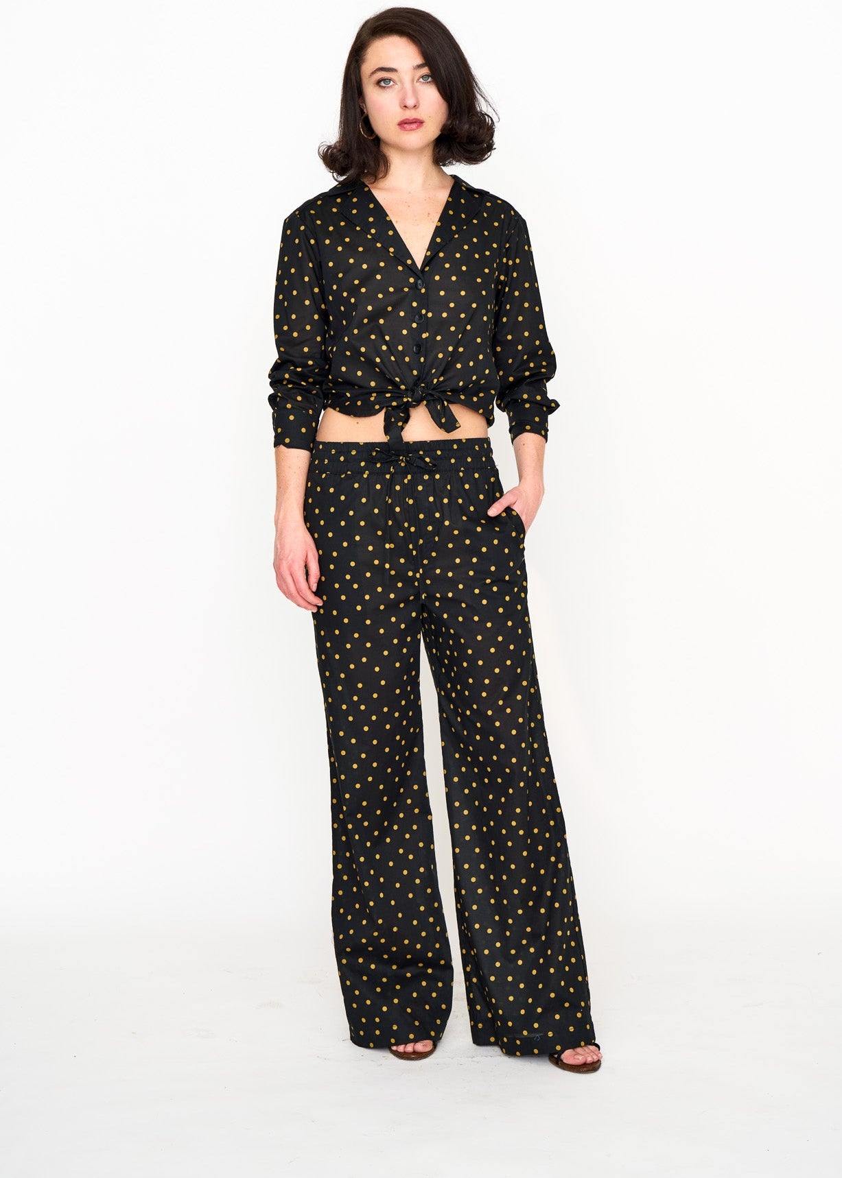 Black & Camel Pyjama Pants shown on model, side view
