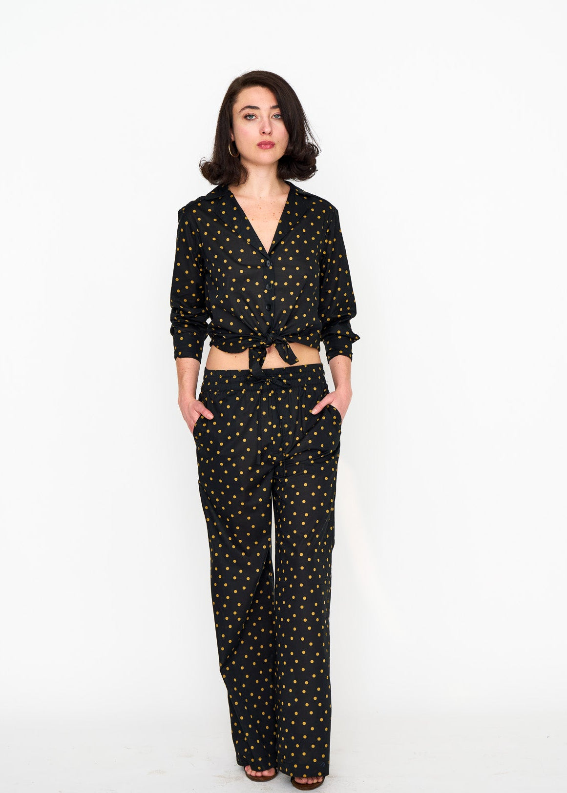 Black & Camel Smoking Shirt shown on model, additional view
