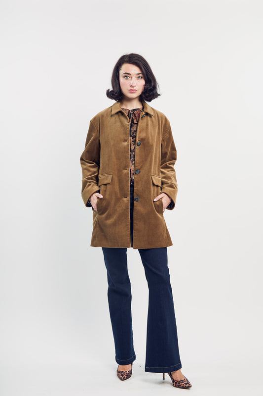 Camel Corduroy Car Coat shown on model, front view with coat open to show lining
