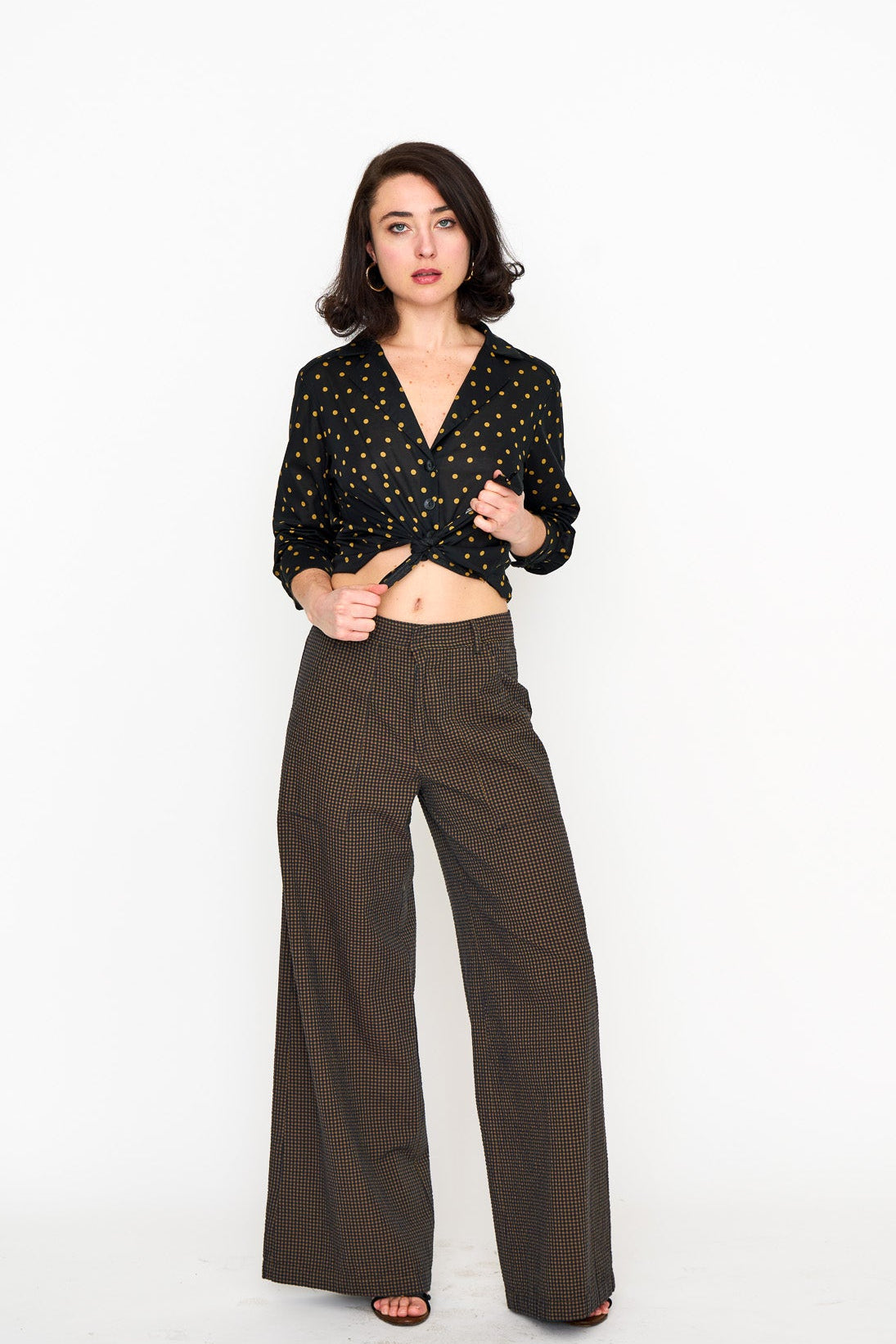 Brown Mini Check Hepburn Trouser shown on model, side view