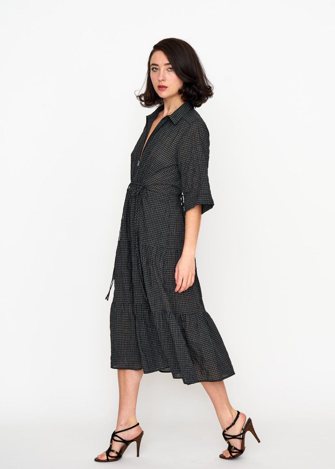 Black Mini Check Dame Dress shown on model, styling view