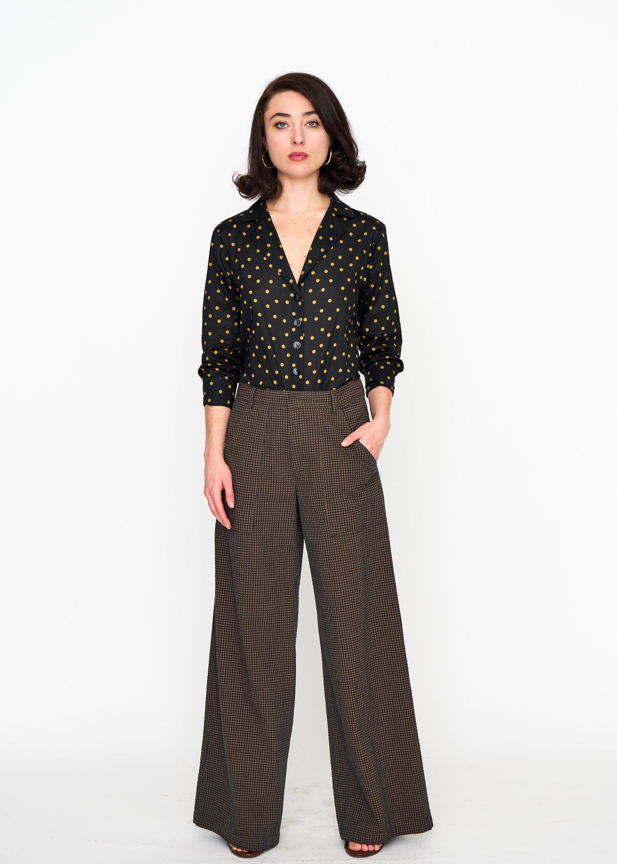 Brown Mini Check Hepburn Trouser shown on model, back view