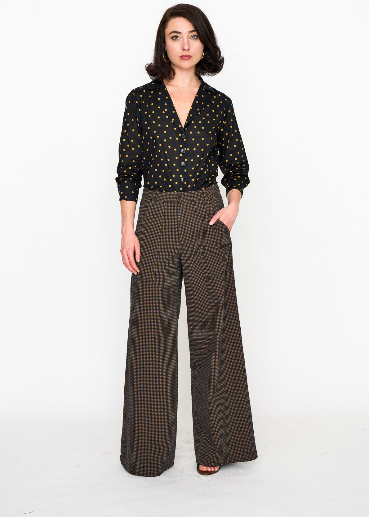 Brown Mini Check Hepburn Trouser shown on model, detail view