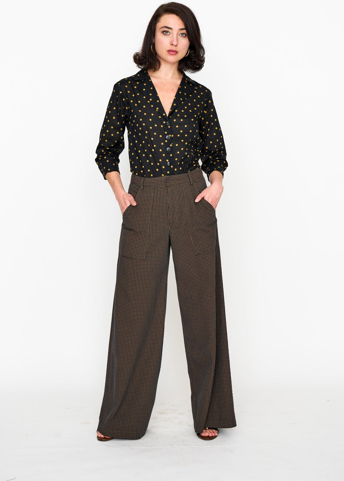 Brown Mini Check Hepburn Trouser shown on model, alternate view