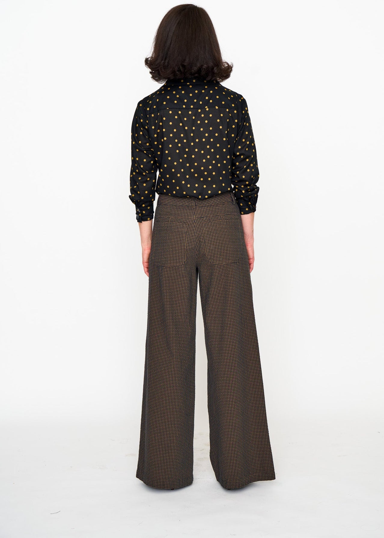 Brown Mini Check Hepburn Trouser shown on model, close-up detail