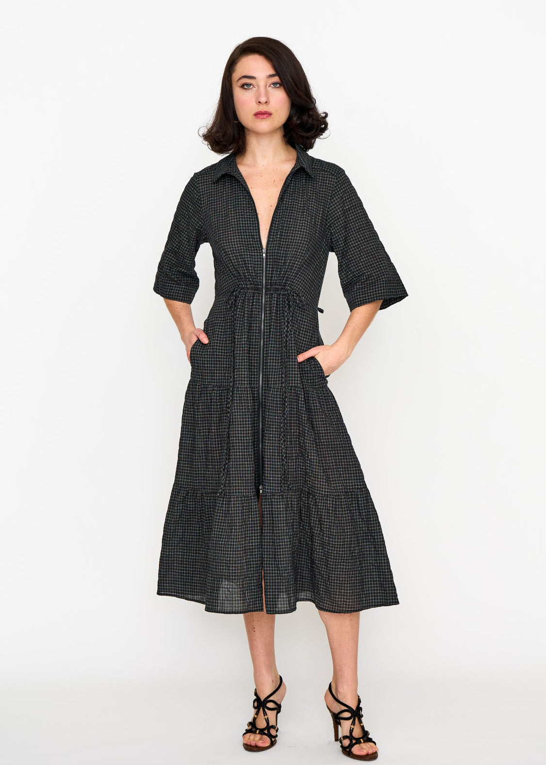 Black Mini Check Dame Dress shown on model, additional view