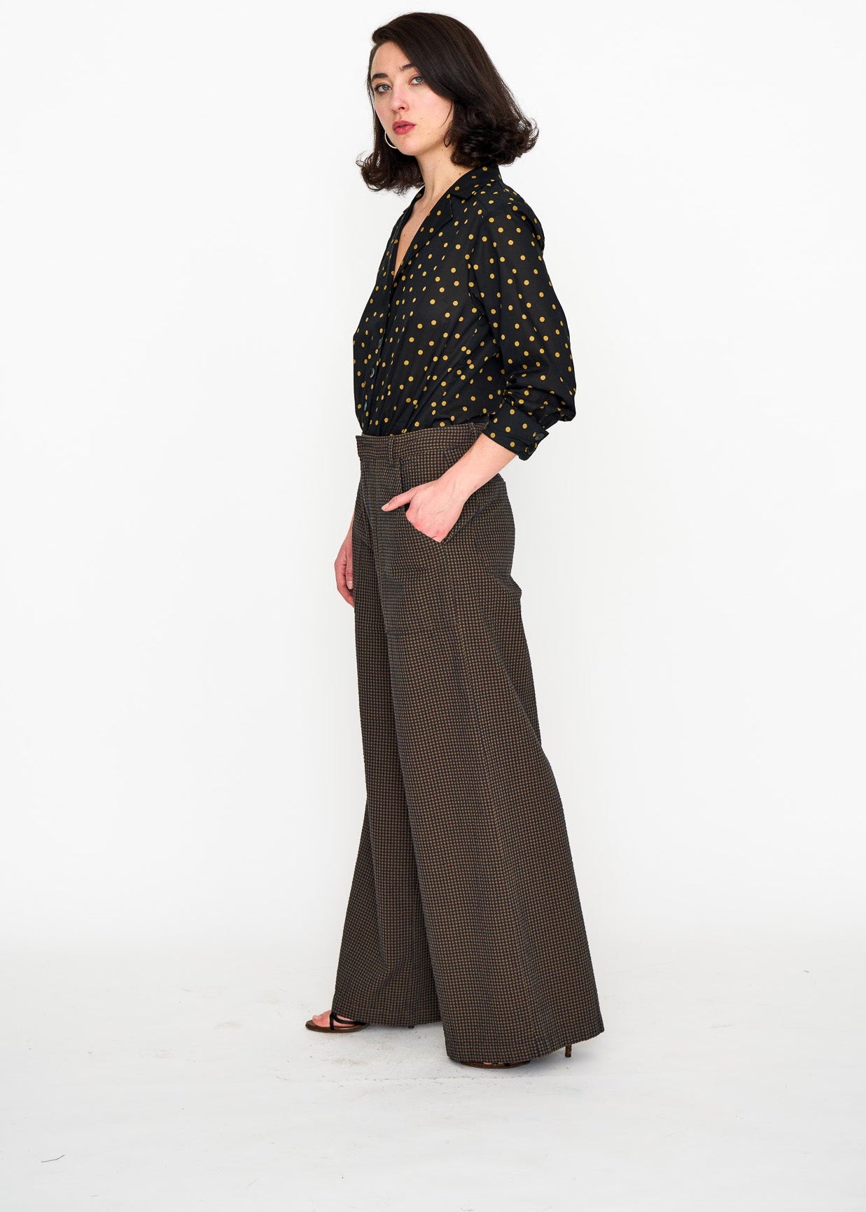 Brown Mini Check Hepburn Trouser shown on model, styling view