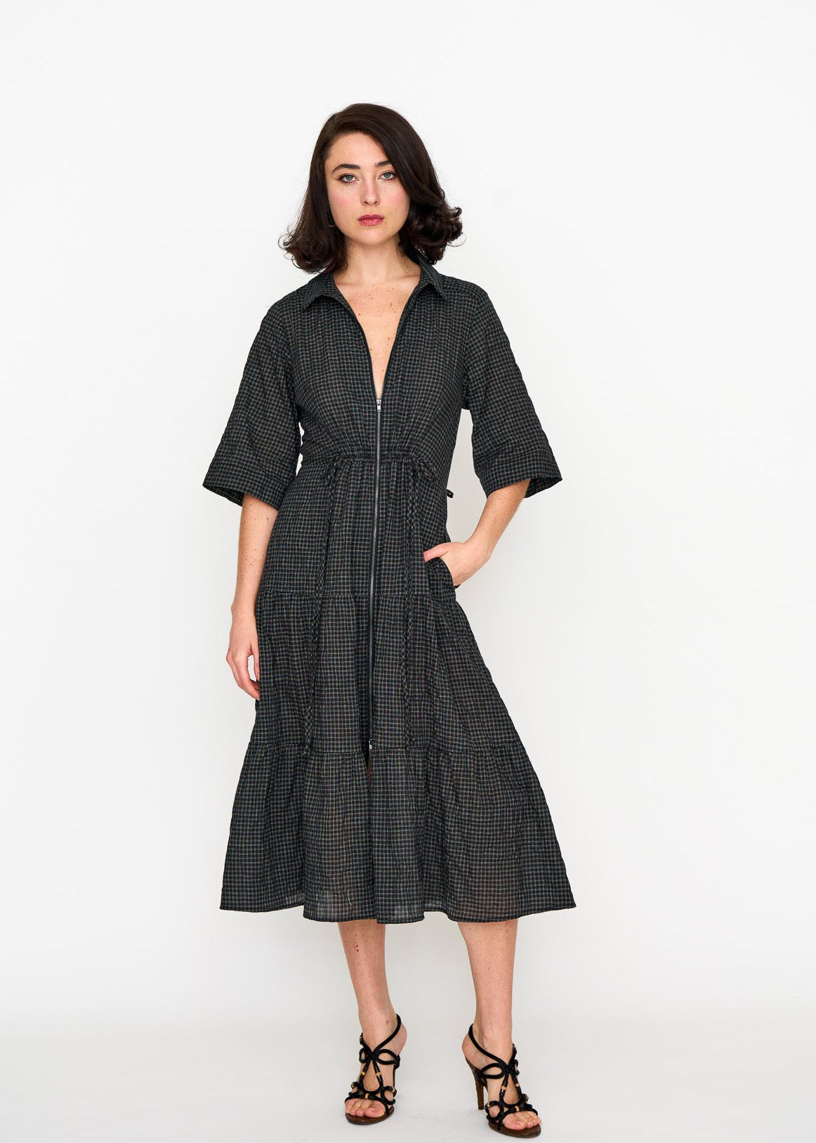 Black Mini Check Dame Dress shown on model, detail view
