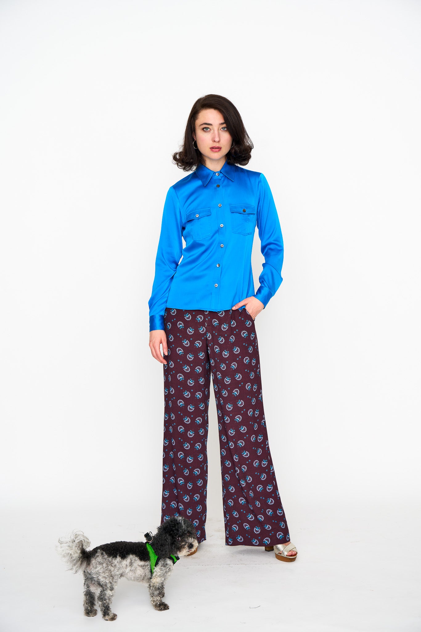 Deep Zircon Silk Utility Shirt shown on model, close-up detail