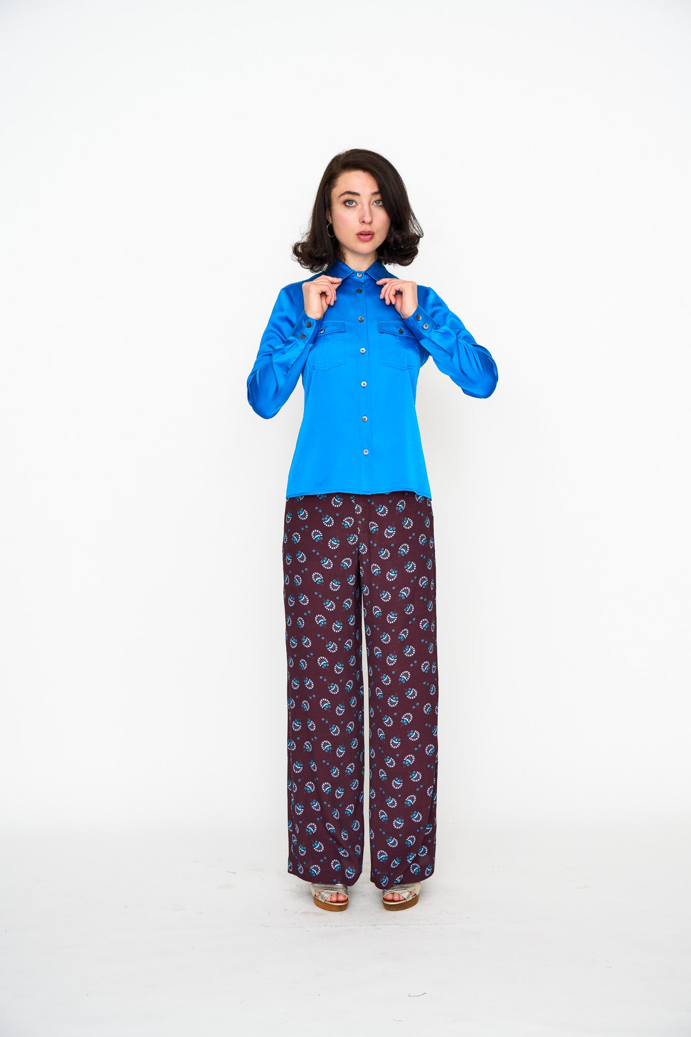 Deep Zircon Silk Utility Shirt shown on model, side view