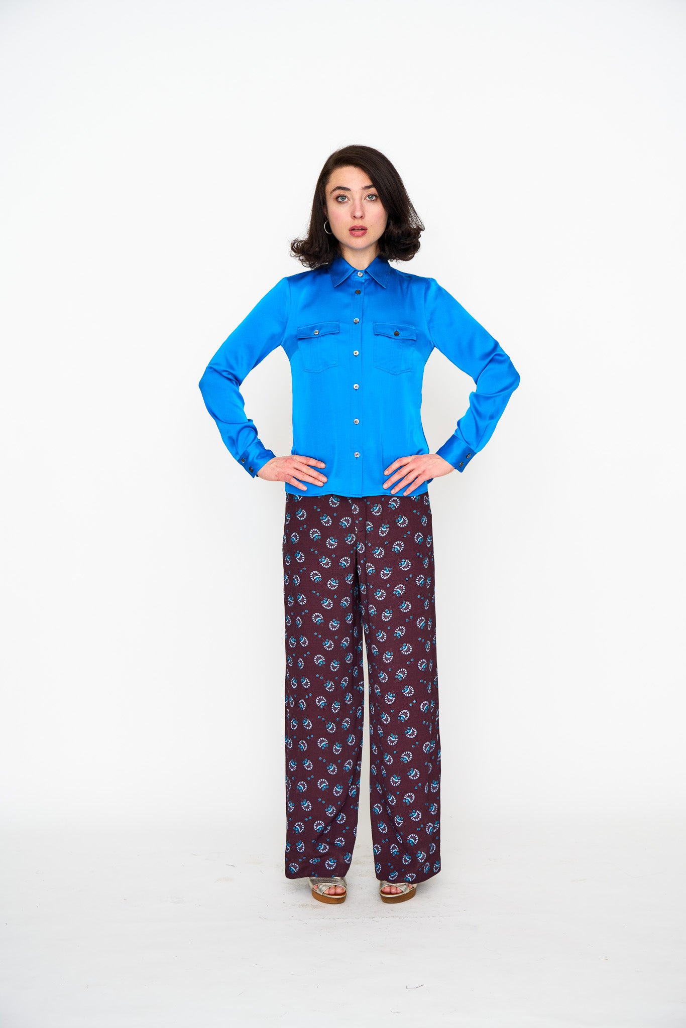 Deep Zircon Silk Utility Shirt shown on model, back view