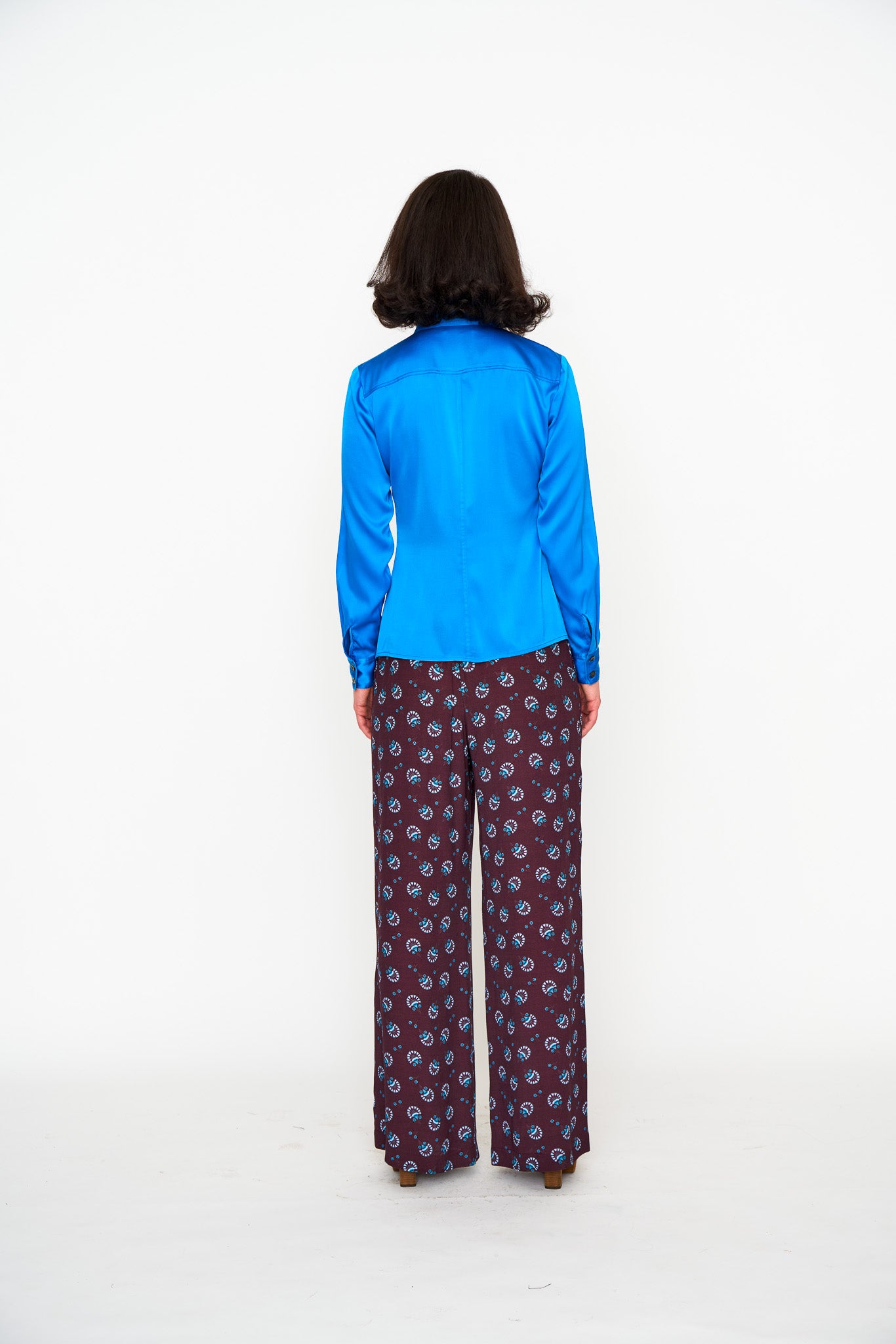 Deep Zircon Silk Utility Shirt shown on model, alternate view