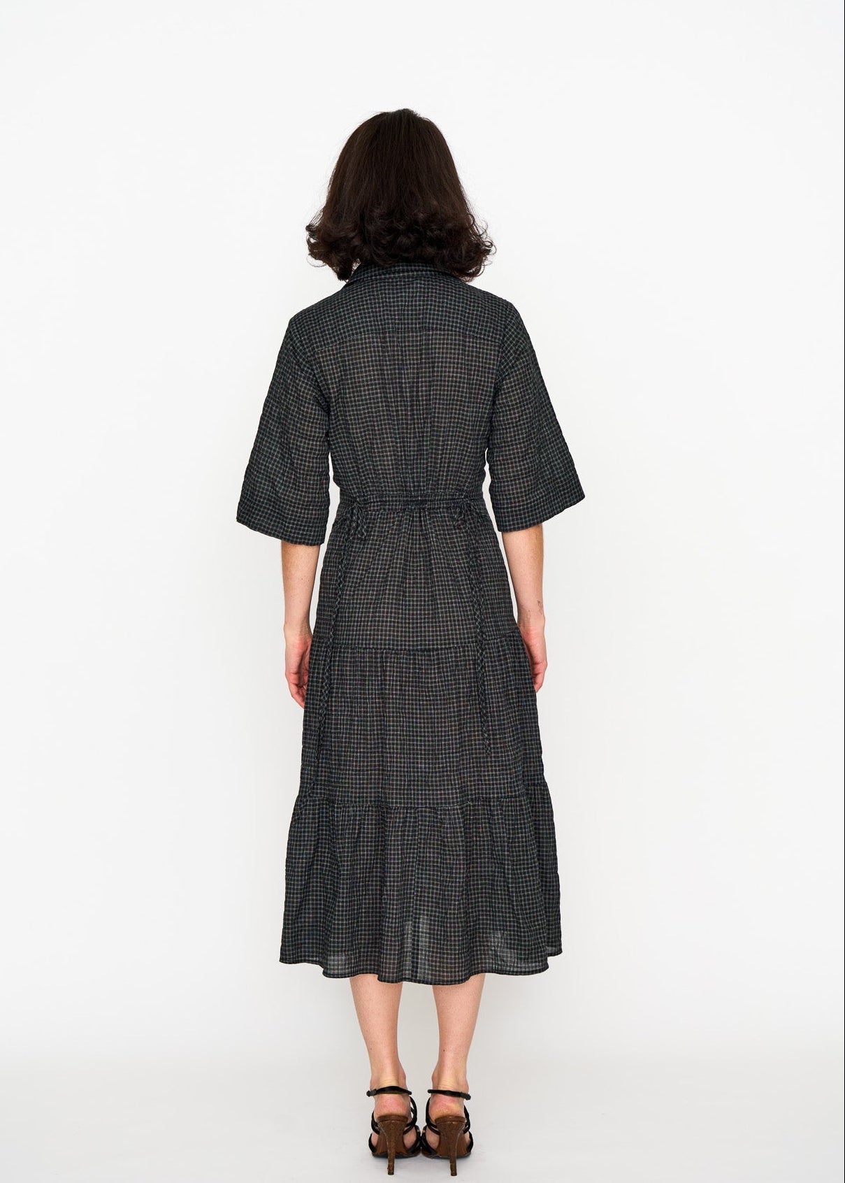 Black Mini Check Dame Dress shown on model, additional view