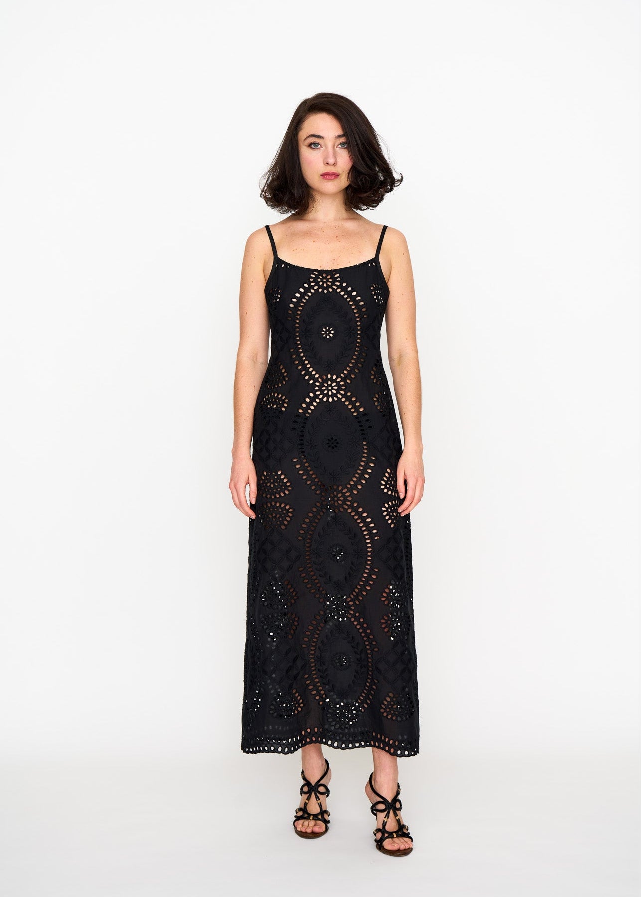 Black Eyelet Slip Dress shown on model, back view