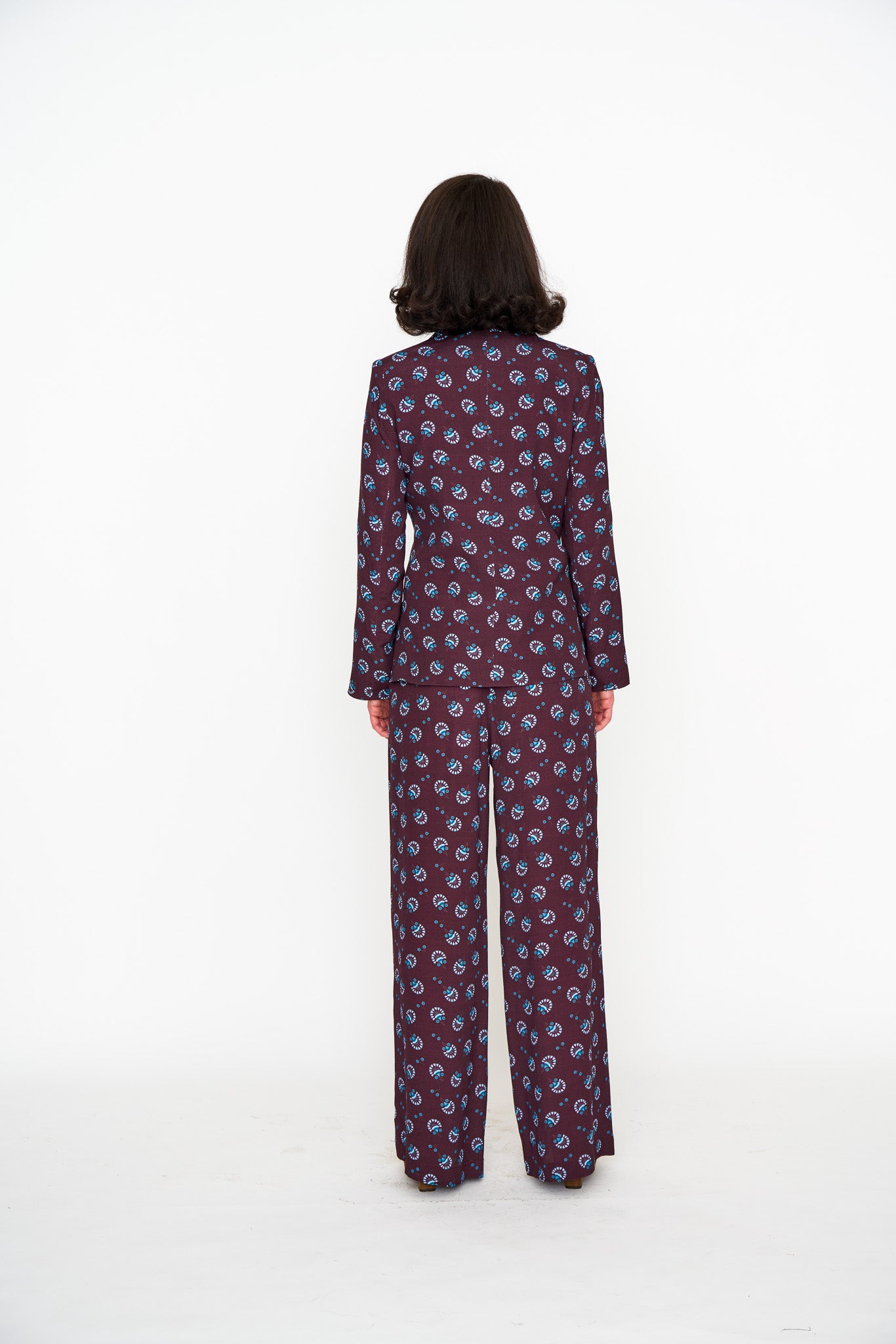 Sangria Acqua Feather Lounge Blazer shown on model, side view