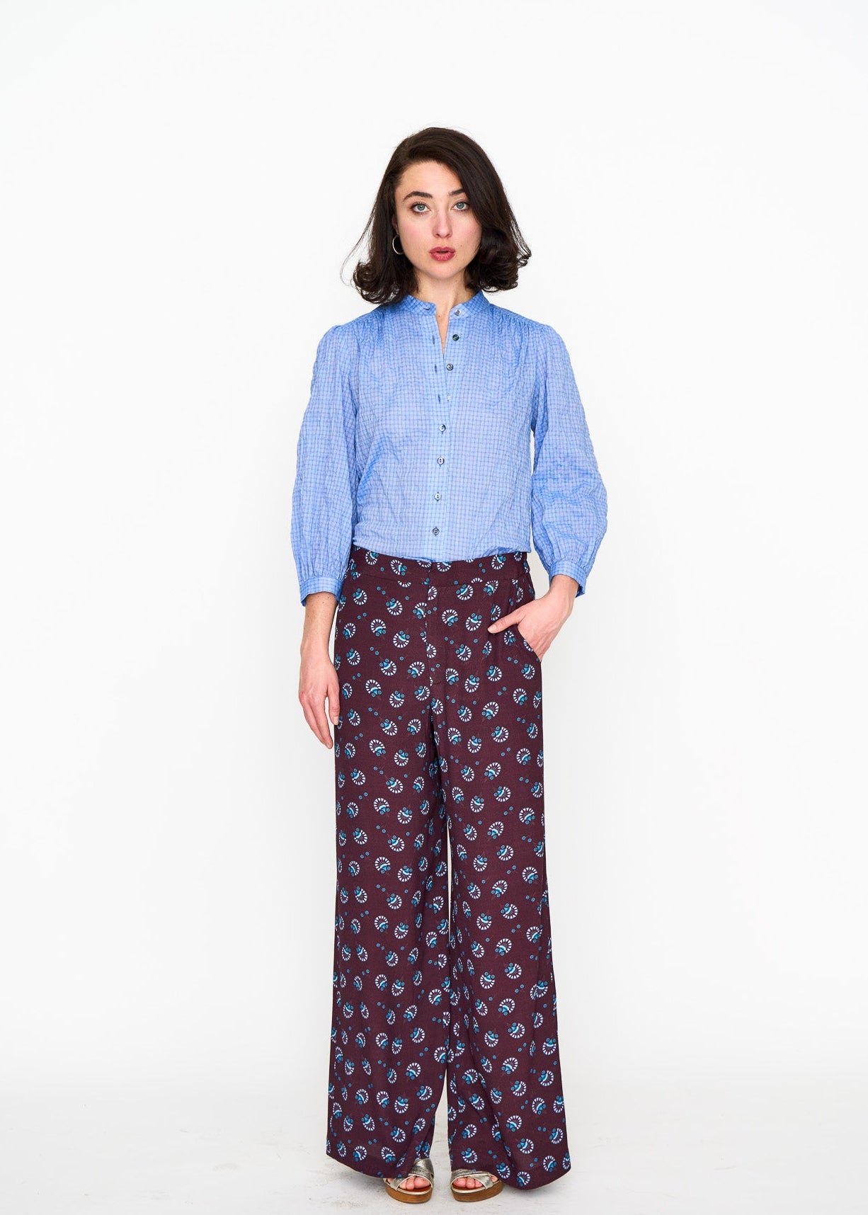 Woman wearing the Maria Cecilia Chambray Studio Top, front view