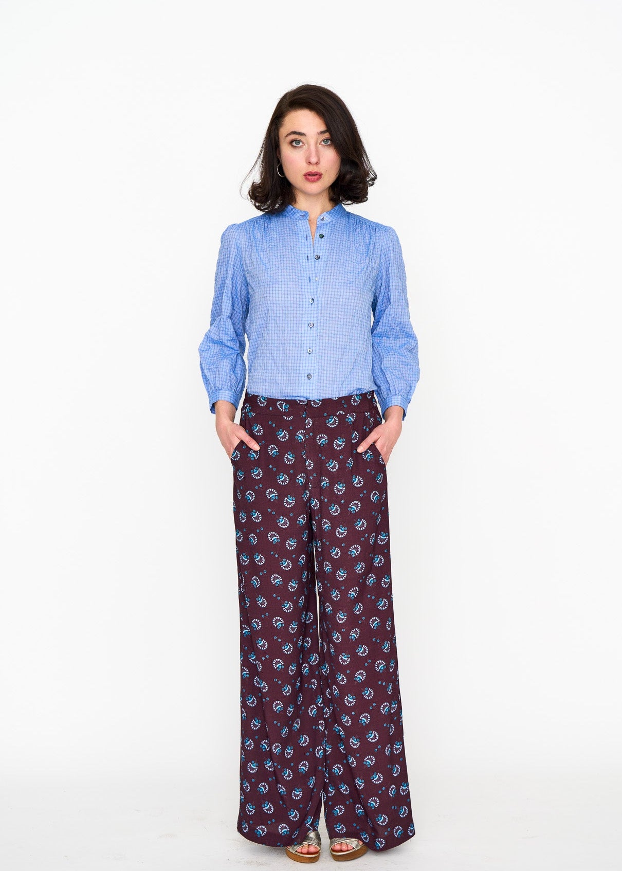 Chambray Studio Top shown on model, side view