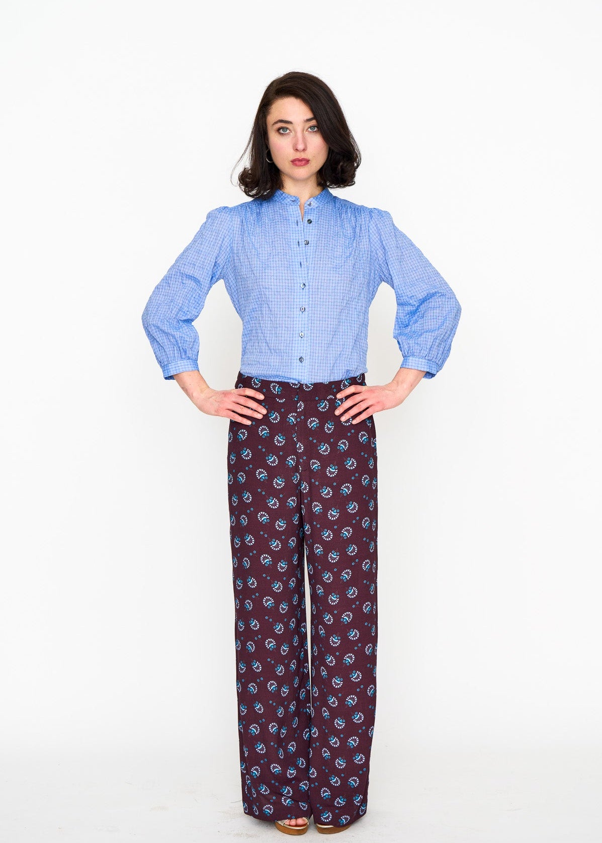 Chambray Studio Top shown on model, detail view