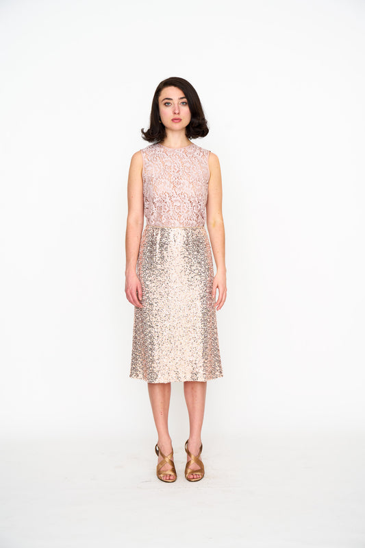 Woman wearing the Maria Cecilia Rose Gold Sequin Slip Skirt, front view