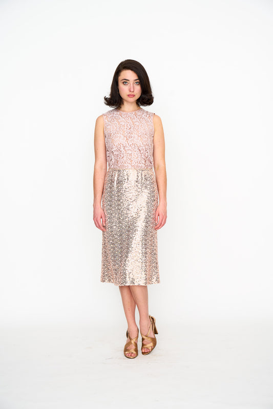 Rose Gold Sequin Slip Skirt shown on model, side view