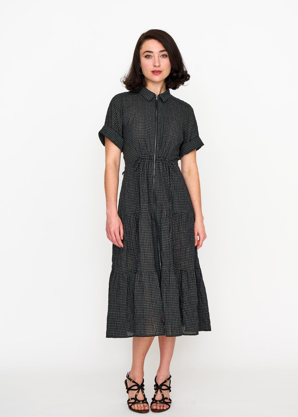 Black Mini Check Dame Dress shown on model, back view