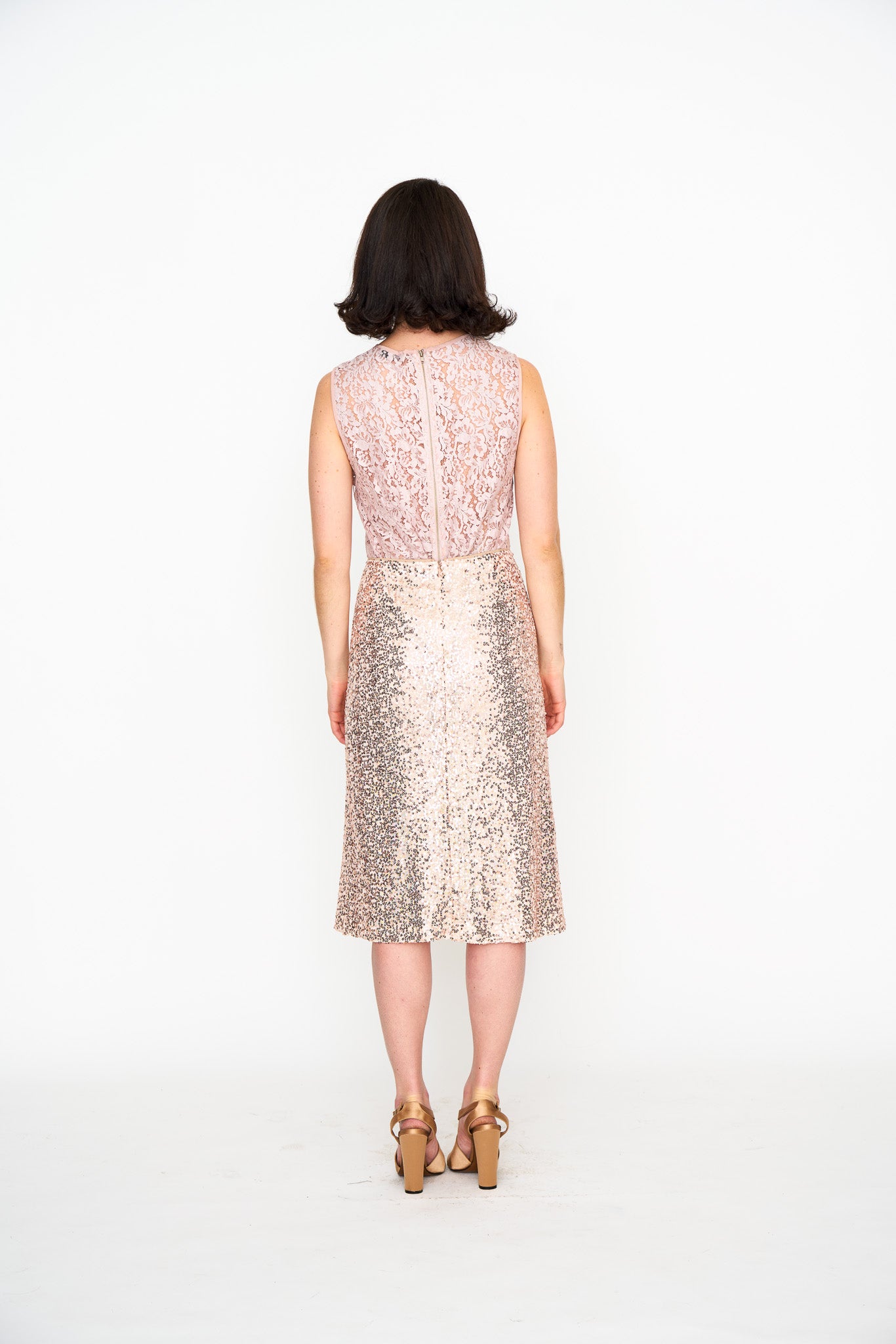 Rose Gold Sequin Slip Skirt shown on model, detail view