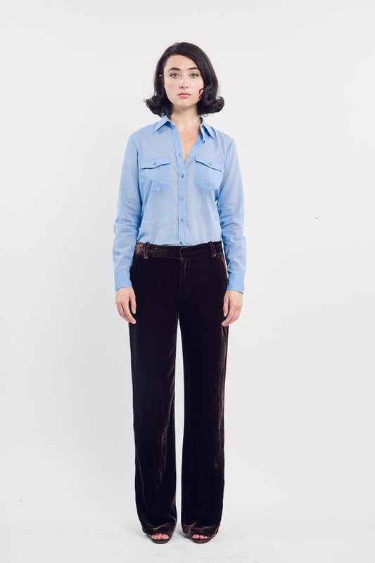 Woman wearing the Maria Cecilia Blue Bell Cotton Utility Shirt, front view