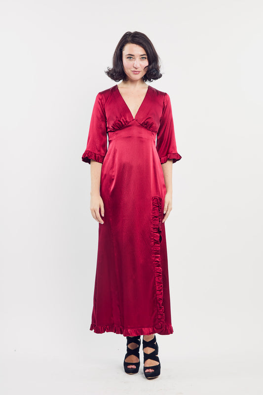 Woman wearing the Maria Cecilia Crimson Silk Sleeping Gown, front view