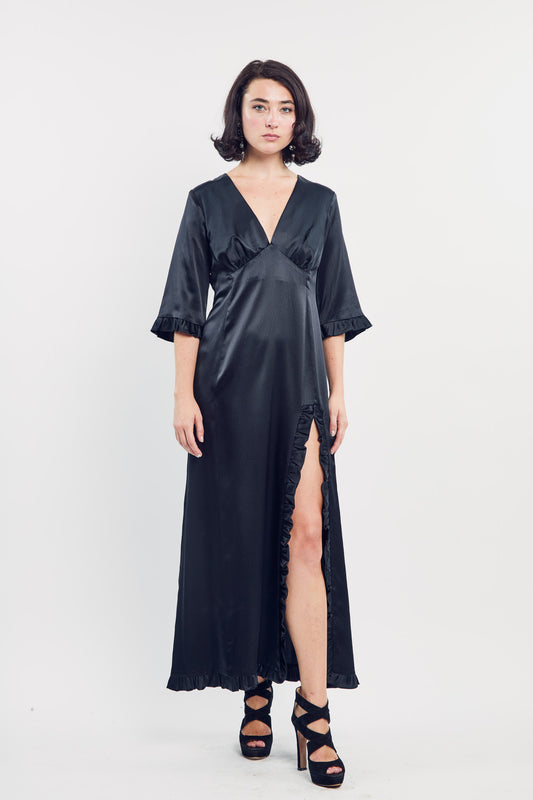 Woman wearing the Maria Cecilia Black Silk Sleeping Gown, front view
